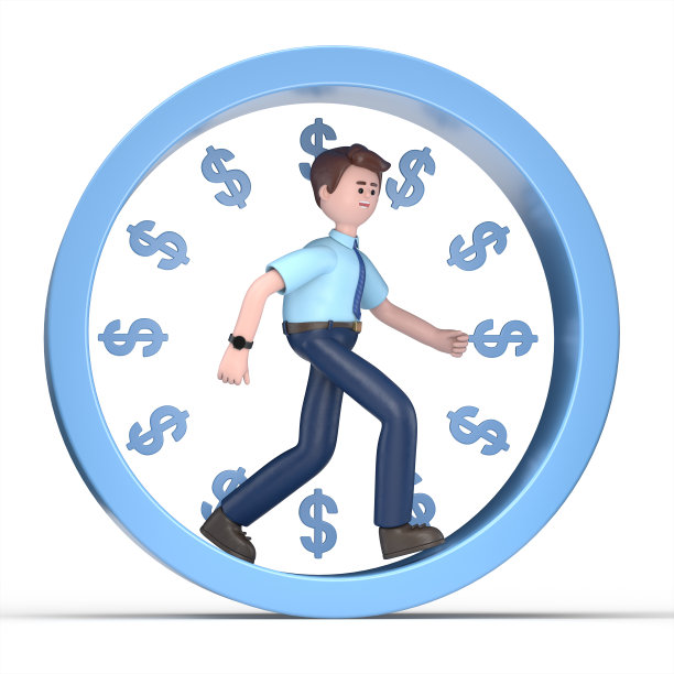 微笑的亚洲男子菲利克斯跑在一个轮子上寻找钱的3D插图。老鼠赛跑。白色背景上的3D渲染。图片下载