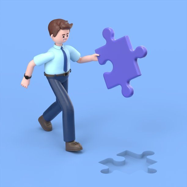 3D插图的微笑亚洲男子菲利克斯跑与拼图块。蓝色背景上的3D渲染。图片下载