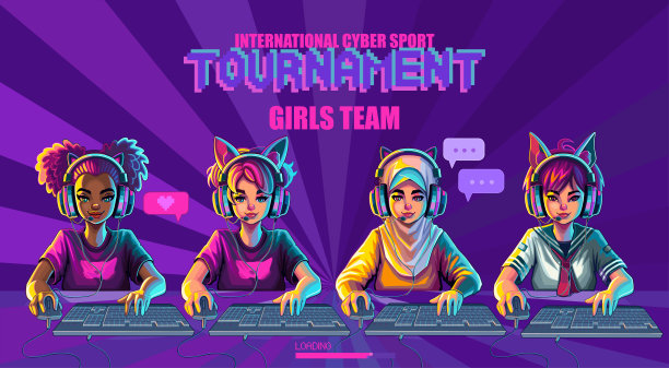 不同的团队的女孩游戏玩家或带猫耳朵耳机坐在电脑前图片下载