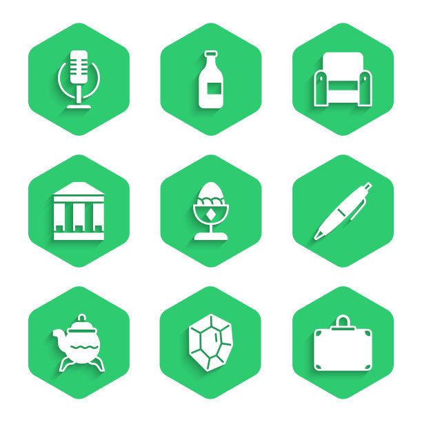 设置鸡蛋在一个站，宝石石，手提箱，钢笔，经典茶壶，博物馆建筑，扶手椅和麦克风图标。向量图片下载