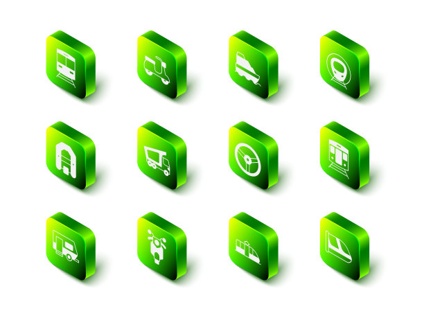 设置踏板车，游轮，火车和铁路，方向盘，有轨电车和图标。向量图片下载