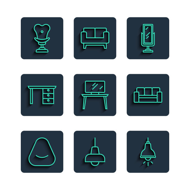灯箱、吊灯、大长条镜、电视桌架、办公桌、扶手椅、沙发图标。向量图片下载