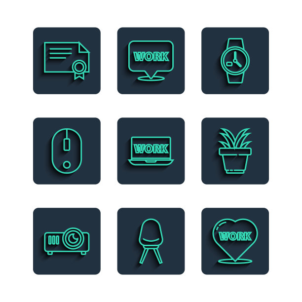 集线电影，电影，媒体放映机，办公椅，心与文字工作，手表，笔记本电脑，电脑鼠标，证书模板和盆栽图标。向量图片下载