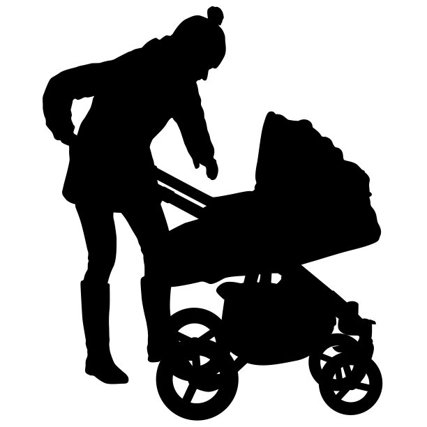 白色背景上带着婴儿车的母亲的剪影图片下载
