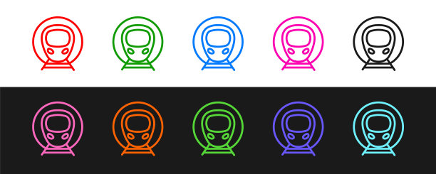 设置线路火车和铁路图标隔离在黑白背景上。公共交通的标志。地铁列车运输。地铁地下。向量图片下载