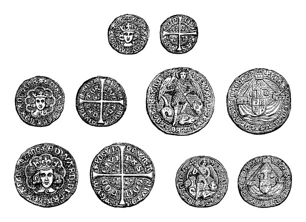 英格兰国王爱德华四世(1461-1470)的中世纪硬币-古董雕刻插图图片下载