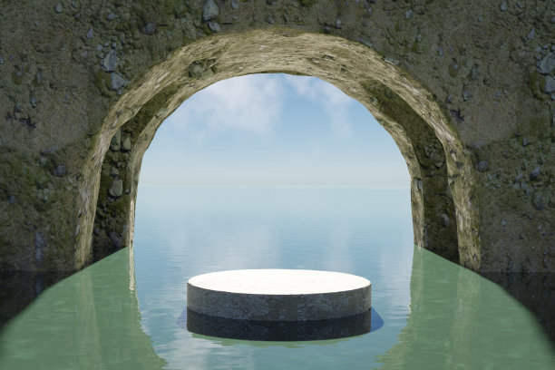 摘要三维渲染和自然平台背景，石平台上的河流在水下石隧道背景蓝天和云的产品展示广告等图片下载