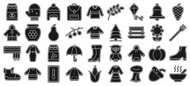 矢量图像描绘了一组与秋天有关的平面图标。图片下载