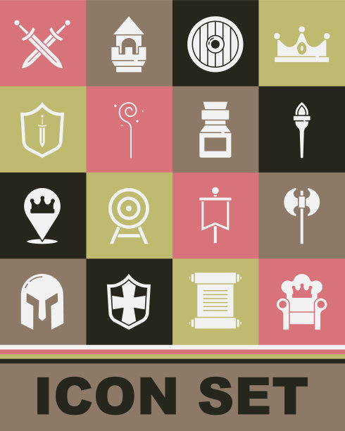 设置中世纪王座，斧头，火炬火焰，圆形木盾，魔法杖，剑，中世纪交叉和瓶中毒药图标。向量图片下载