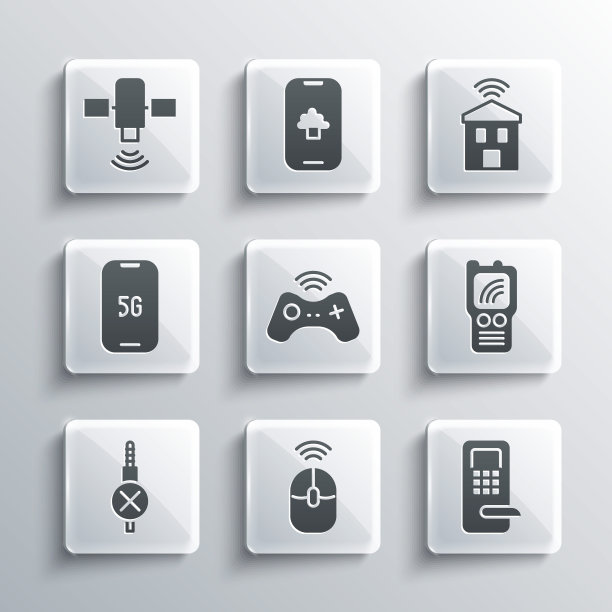 设置无线电脑鼠标，数字门锁，对讲机，手柄，无音频插孔，5G手机，卫星和智能家庭wi-fi图标。向量图片下载