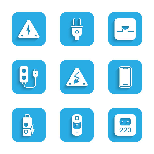 在电子线路和图标中设置高压、电池充电、电源插座、手机、分机、蜂鸣器。向量图片下载