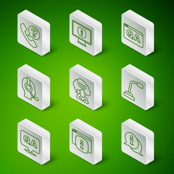 设置线路信息，监视器与常见问题信息，电话24小时支持，语音气泡聊天，耳机，问答和麦克风图标。向量图片下载