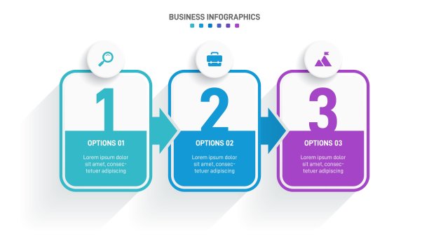 时间轴信息图与信息图表。现代表示模板与3个spets的业务流程。网站模板在白色背景的概念现代设计。横向布局。图片下载