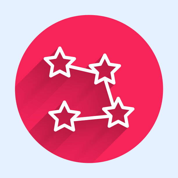 白线星星座星座图标孤立与长阴影背景。红色圆圈按钮。向量图片下载