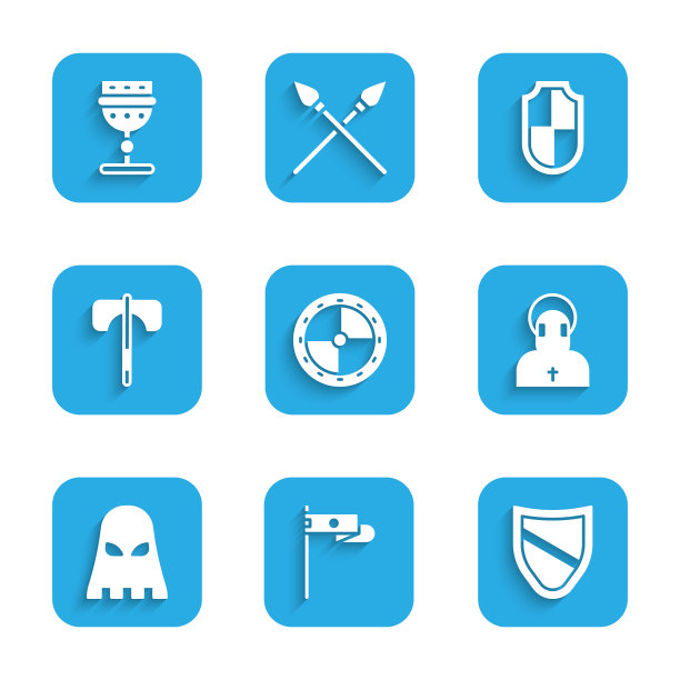 设置圆形木盾，中世纪旗帜，盾牌，僧侣，刽子手面具，斧头，和高脚杯图标。向量图片下载