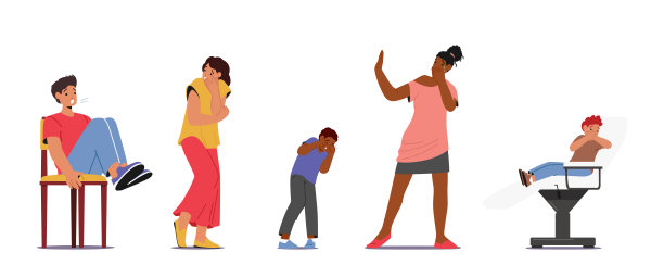 一组儿童和成人的角色经历注射恐惧症，显示焦虑和恐惧隔离在白色图片下载