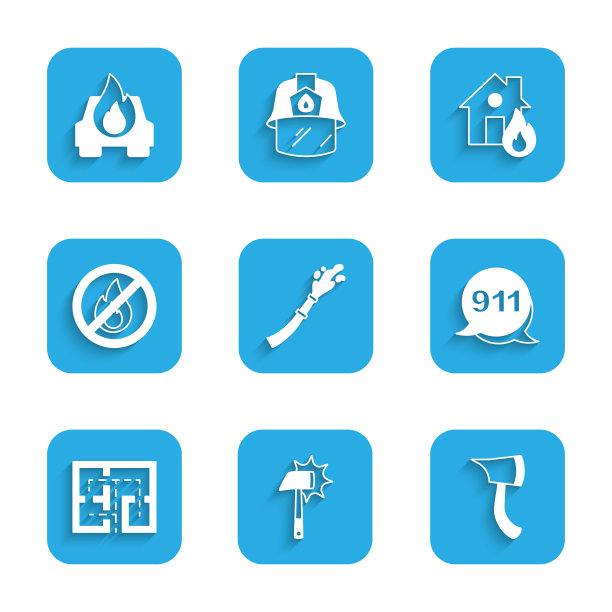 消防软管卷盘、消防斧、紧急呼叫911、疏散计划、禁止烟火、燃烧的房屋和燃烧的汽车图标。矢量素材图片下载
