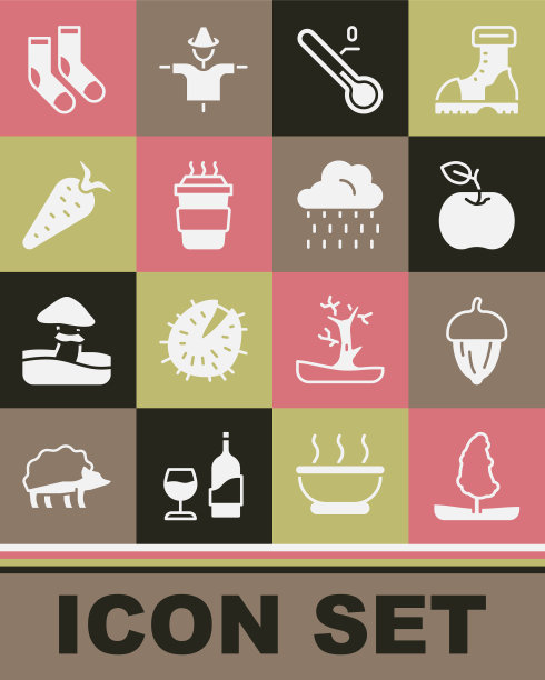 设置树，橡子，苹果，气象温度计，咖啡杯去，胡萝卜，袜子和云雨图标。向量图片下载