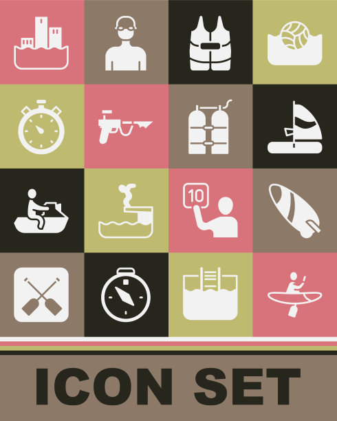 设置皮划艇和桨，冲浪板，风帆冲浪板，救生衣，鱼叉，秒表，冠军领奖台和Aqualung图标。向量图片下载