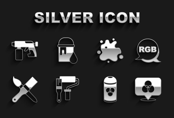 设置漆辊刷、RGB和CMYK调色、喷漆罐、枪和桶图标。向量图片下载