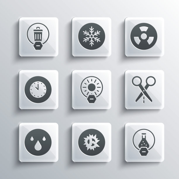 设置炸弹爆炸，试管和烧瓶，剪剪线，没有阳光直射，水滴，时钟，垃圾桶和放射性图标。向量图片下载