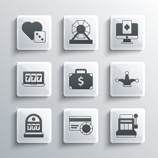 设置信用卡，老虎机，小丑玩，公文包和钱，与头奖，在线插槽，游戏骰子和牌桌游戏图标。向量图片下载