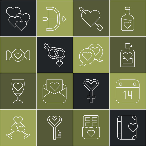 集行爱情日记，日历与2月14日，香水，爱的心和箭头，性别，糖果，心和在讲话气泡图标。向量图片下载