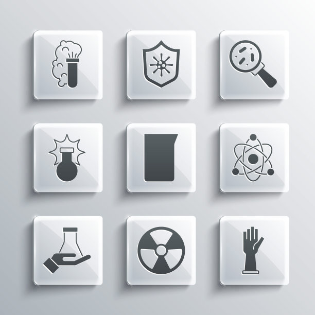 在放大镜图标下设置放射性、医用橡胶手套、原子、实验室玻璃器皿或烧杯、试管和烧瓶、化学爆炸和微生物。向量图片下载