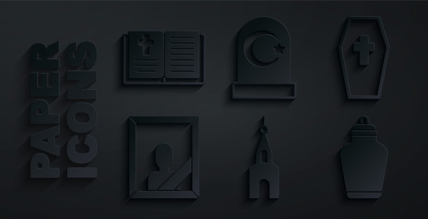 设置教堂建筑，棺材与十字架，哀悼相框，葬礼，穆斯林墓地和圣经书的图标。向量图片下载