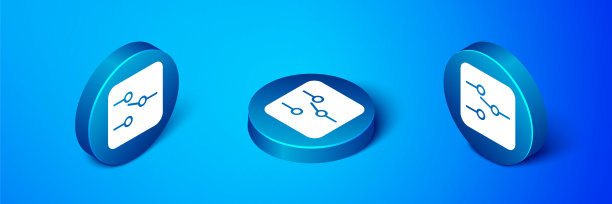 电子电路中的等距开关图标隔离在蓝色背景上。蓝色圆圈按钮。向量图片下载