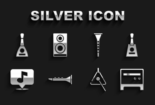 设置单簧管，巴拉莱卡，吉他放大器，三角，音符和立体声扬声器图标。向量图片下载