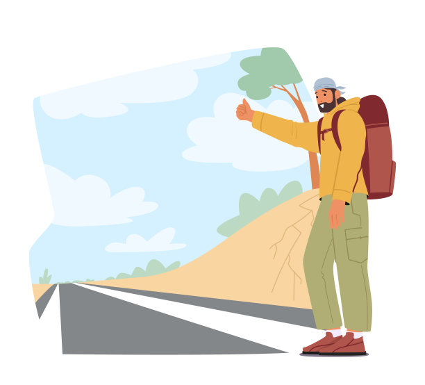 孤独的旅行者男性角色站在路边，伸出拇指，希望搭个便车去下一个冒险图片下载