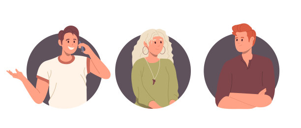 形形色色的人物角色化身，通话电话，聆听等待，男女肖像图标图片下载