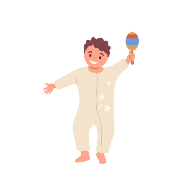 小蹒跚学步的孩子用拨浪鼓玩具在白色背景上跳舞，制作音乐图片下载