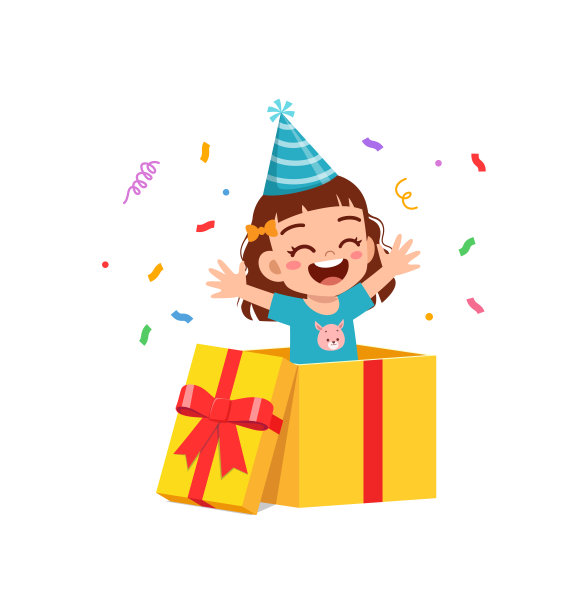 小孩子庆祝生日，在大礼品盒里玩耍图片下载