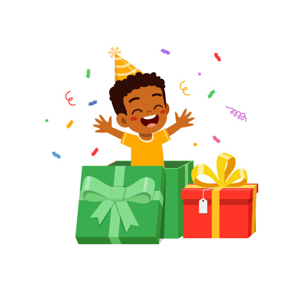 小孩子庆祝生日，在大礼品盒里玩耍图片下载