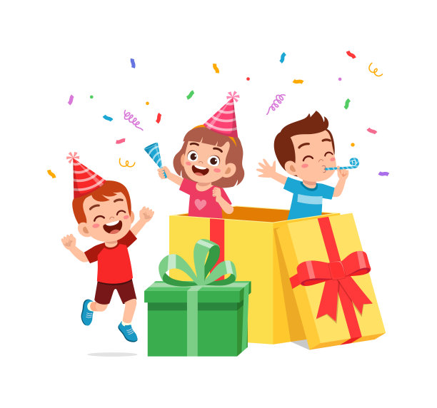 小孩子庆祝生日，在大礼品盒里玩耍图片下载