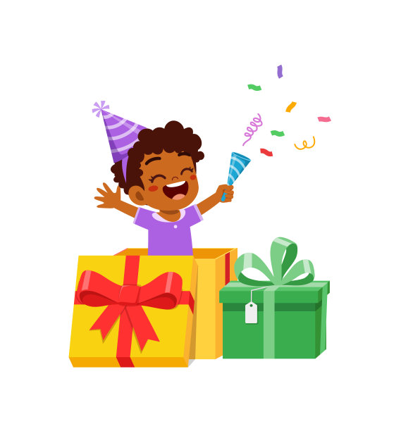 小孩子庆祝生日，在大礼品盒里玩耍图片下载