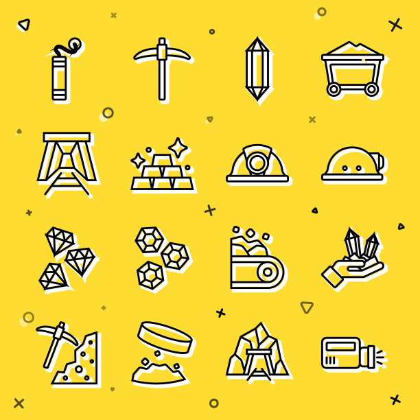 设置线手电筒，宝石石，矿工头盔，金条，入口，炸药和图标。向量图片下载