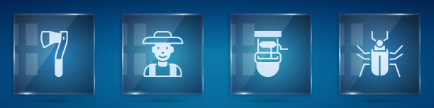 木斧，农夫戴着帽子，井带着水桶和昆虫苍蝇。方形玻璃面板。向量图片下载