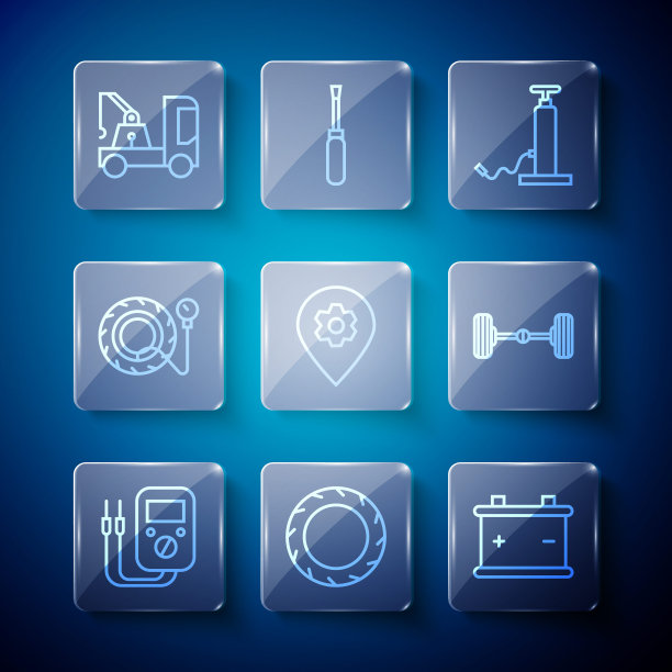 设置线万用表，汽车轮胎车轮，电池，气泵，位置与汽车服务，轮胎压力表，拖车和底盘图标。向量图片下载