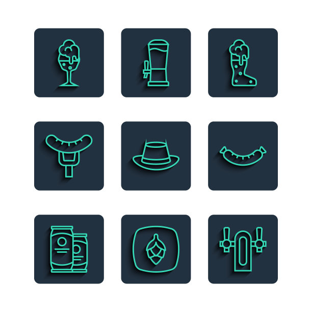 集线啤酒罐，啤酒花，水龙头，靴子啤酒杯，啤酒节帽子，香肠在叉子，玻璃和图标。向量图片下载