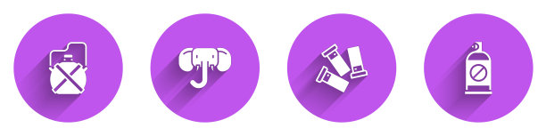 设置水壶，大象，墨盒和喷雾对抗昆虫图标与长阴影。向量图片下载