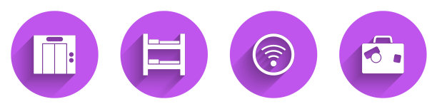 设置电梯，酒店房间床，Wi-Fi无线和行李箱图标长阴影。向量图片下载