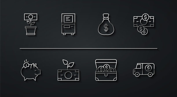 设置线钱植物在锅，存钱罐与硬币，堆叠纸币现金，宝箱，ATM，运钞车和包图标。向量图片下载