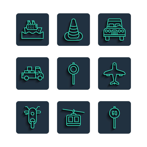 设置线踏板车，缆车，速度限制交通，汽车，道路路标，送货卡车，游轮和飞机图标。向量图片下载