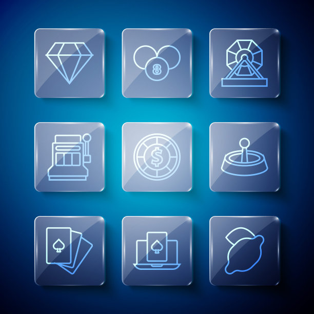 集行扑克牌，在线扑克桌游戏，赌场老虎机柠檬，彩票，筹码，插槽，钻石和轮盘赌图标。向量图片下载