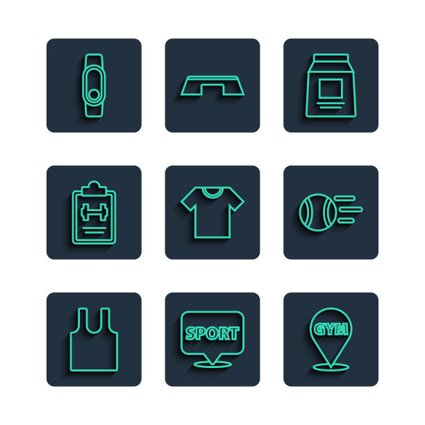 集线无袖t恤，位置健身房，运动营养，训练计划，智能手表和网球图标。向量图片下载