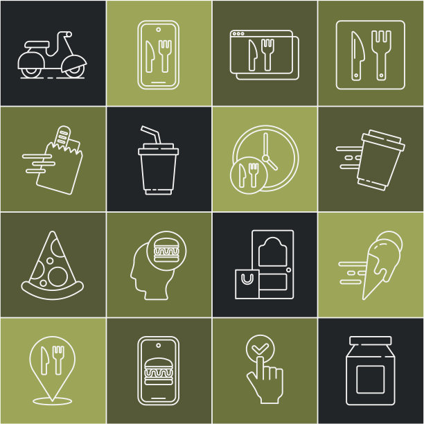 设置线上订购和送货，冰淇淋，咖啡杯去，纸玻璃杯与水，摩托车和24小时图标。向量图片下载