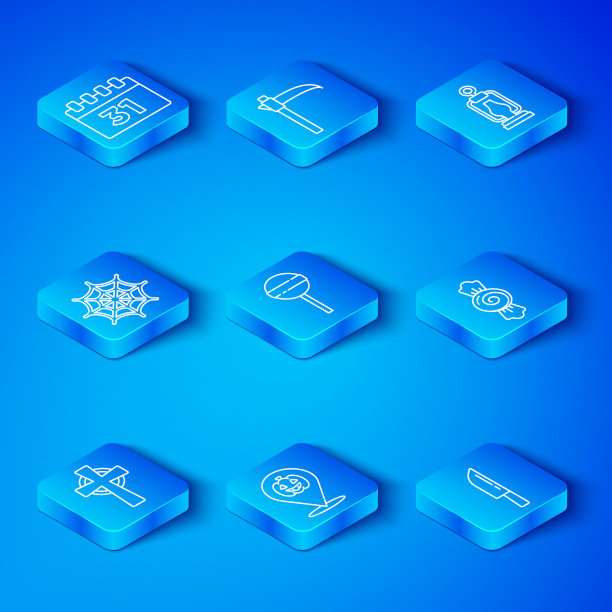 集线墓碑与十字架，棒棒糖，南瓜，糖果，露营灯笼，蜘蛛网，日历万圣节和刀图标。向量图片下载